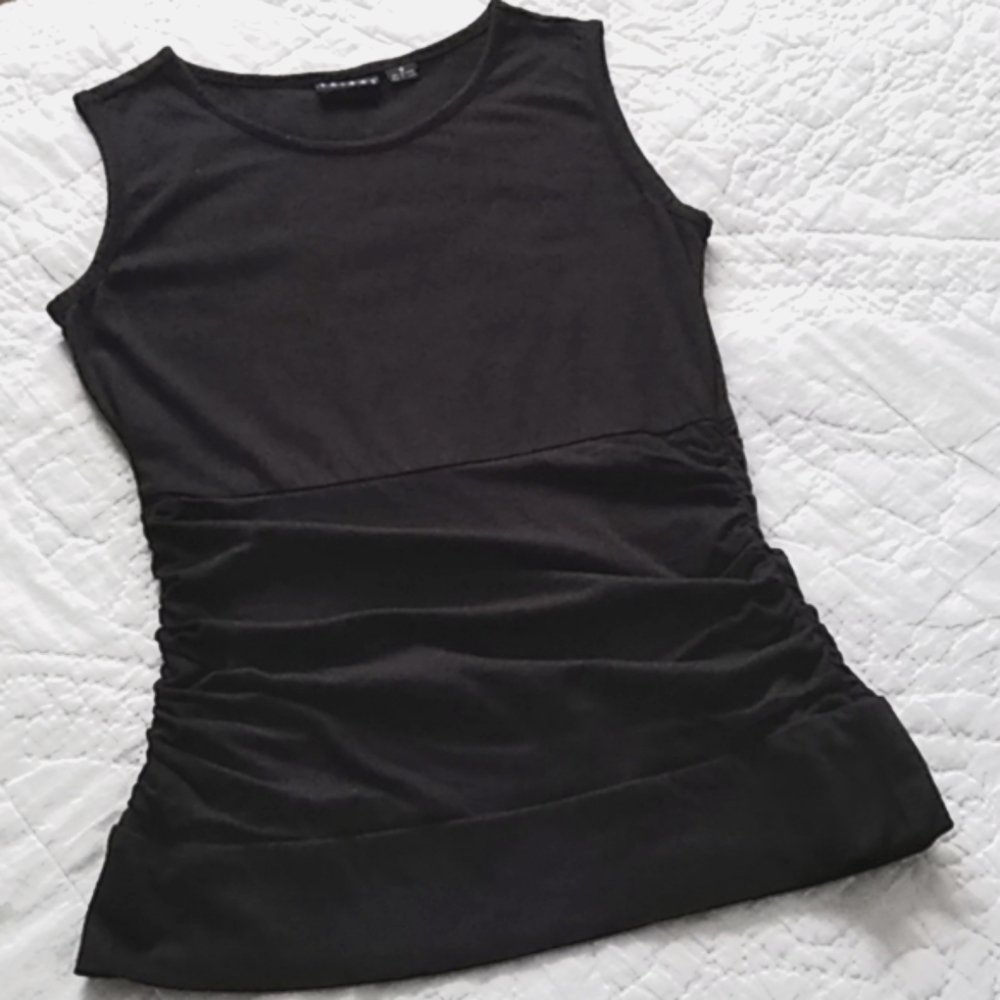 Tribal Sleeveless Ruched Black Sleeveless Cotton Blend Top Small